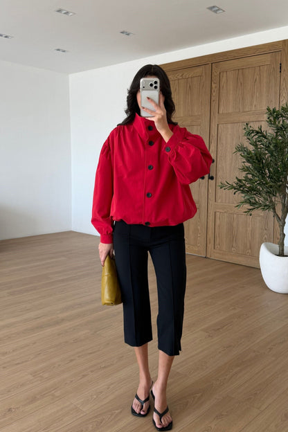 Gathered Stand-Up Collar Bomber Jacket - red