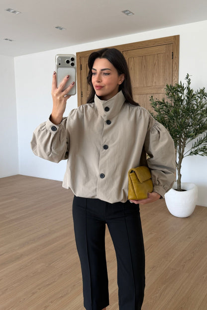 Gathered Stand-Up Collar Bomber Jacket - beige