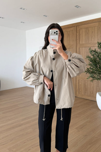 Gathered Stand-Up Collar Bomber Jacket - beige