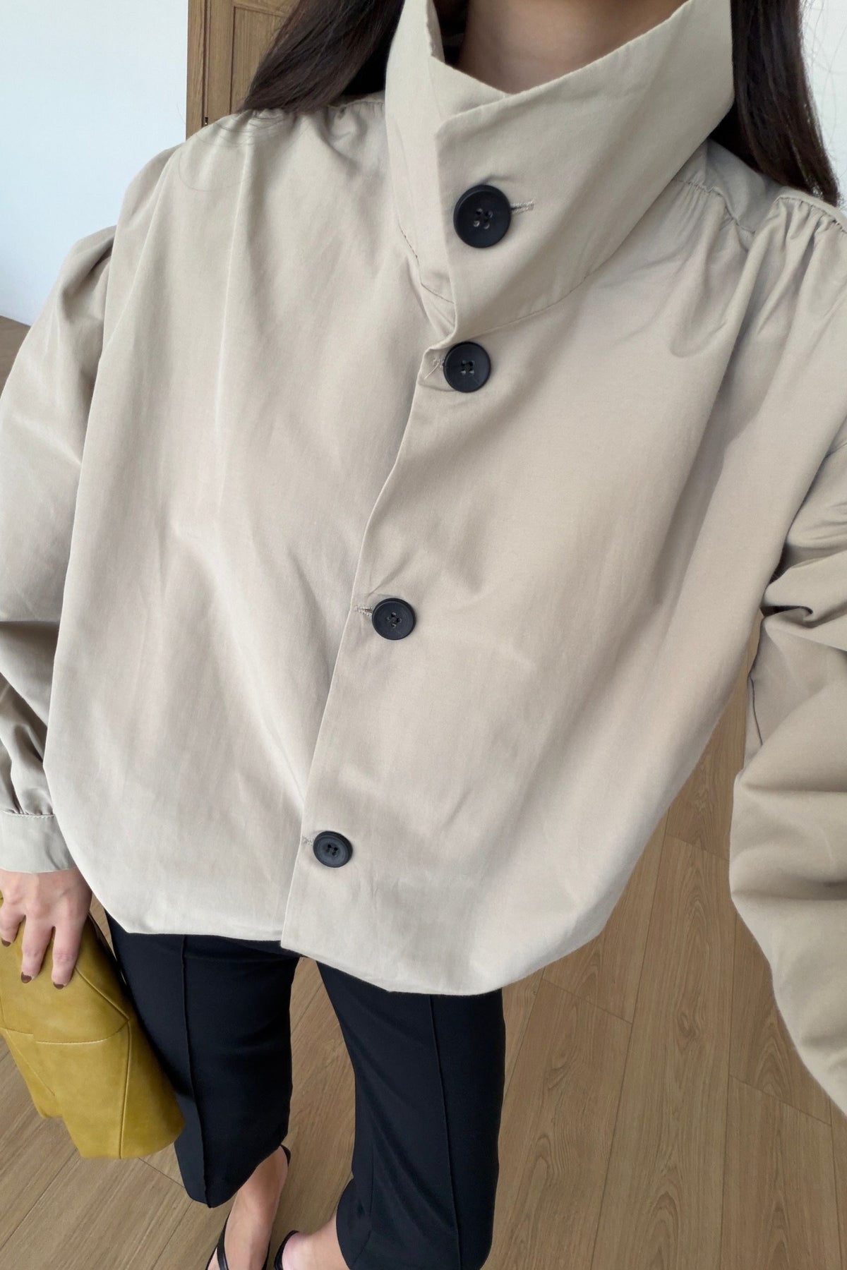 Gathered Stand-Up Collar Bomber Jacket - beige