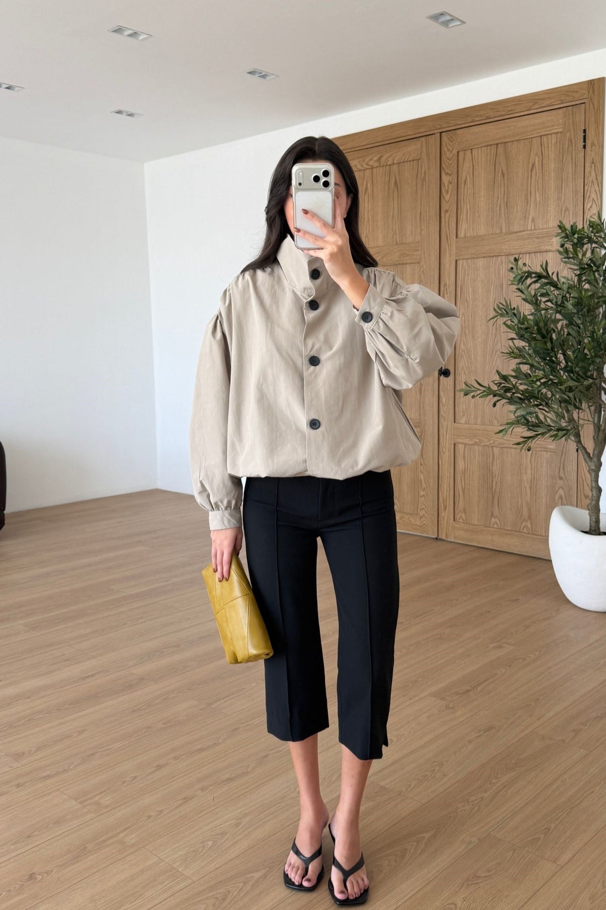 Gathered Stand-Up Collar Bomber Jacket - beige