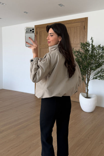 Gathered Stand-Up Collar Bomber Jacket - beige
