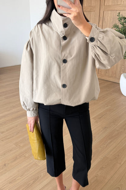Gathered Stand-Up Collar Bomber Jacket - beige
