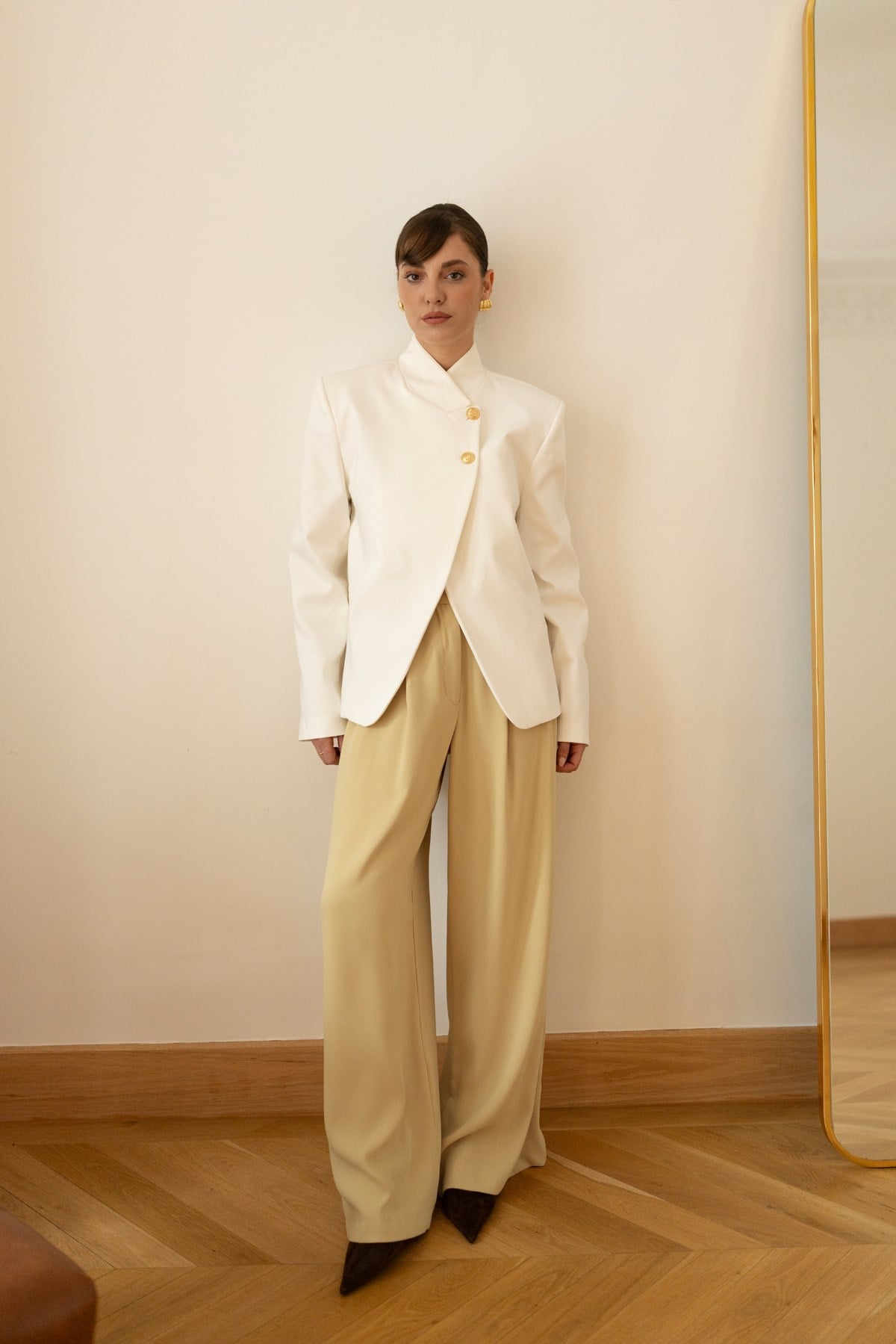 White Asymmetrical Jacket with Gold Button Details