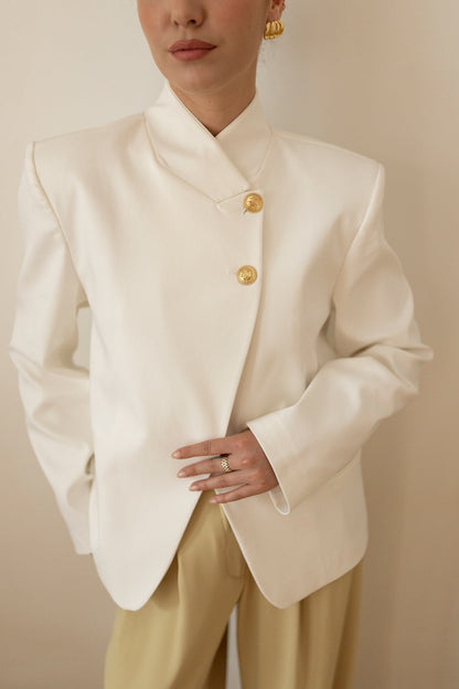 White Asymmetrical Jacket with Gold Button Details