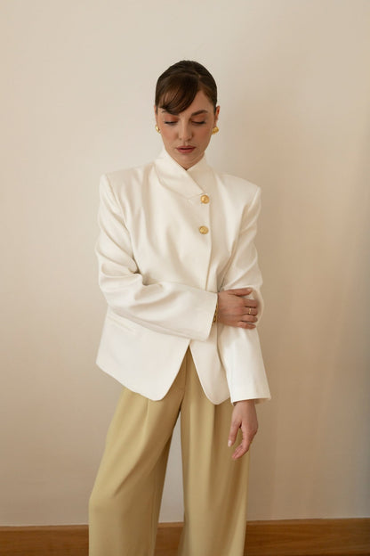 White Asymmetrical Jacket with Gold Button Details