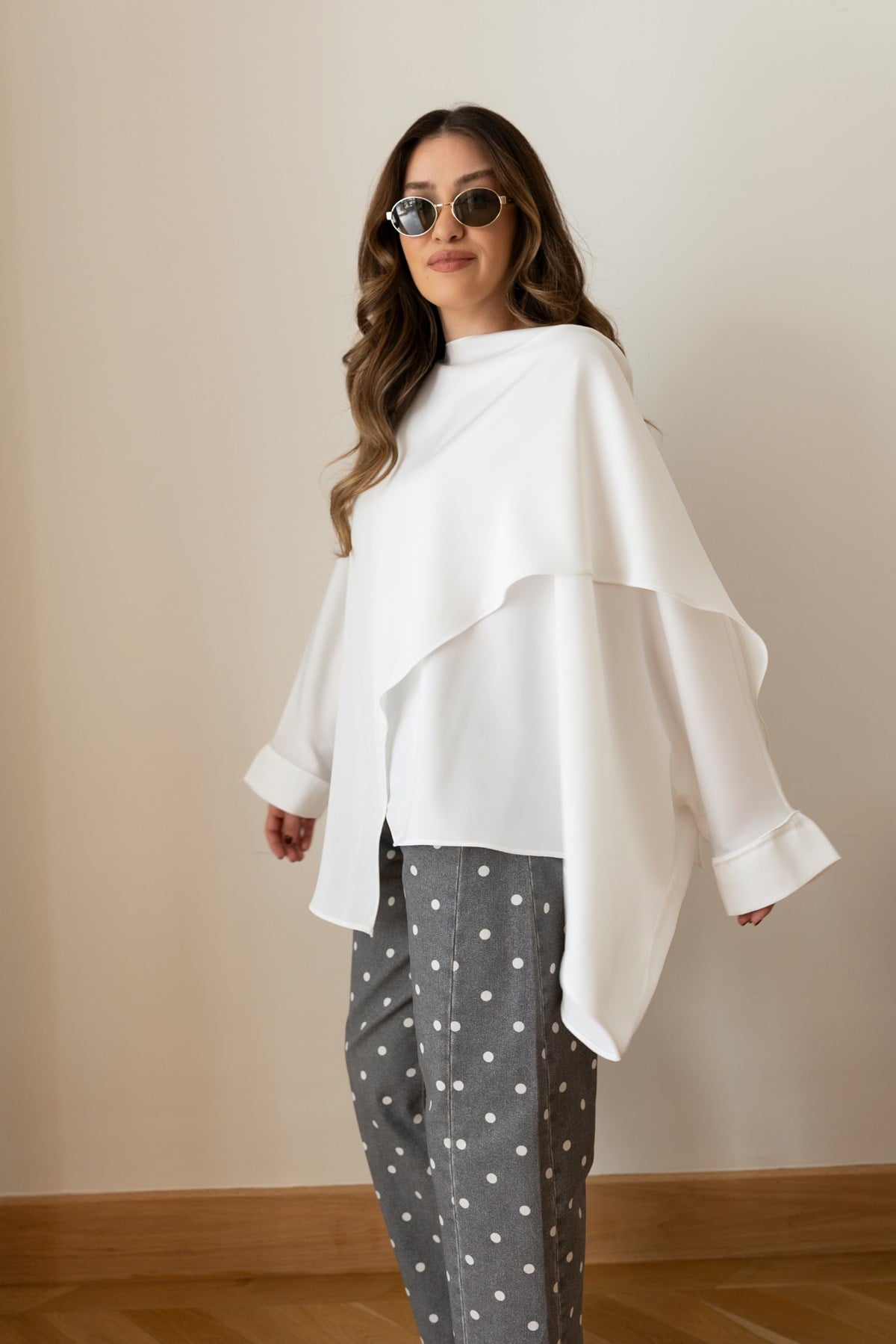 White Asymmetrical Satin Blouse with Neckline Detail