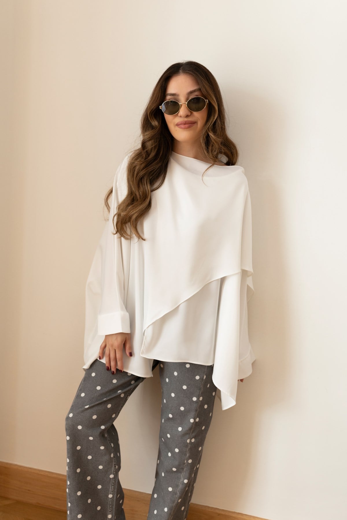 White Asymmetrical Satin Blouse with Neckline Detail