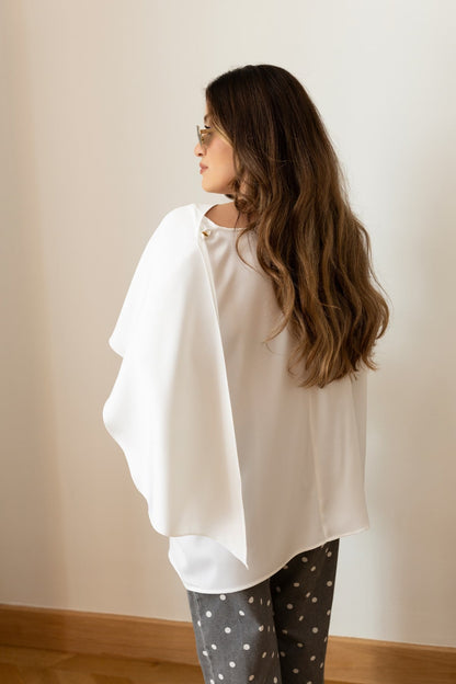 White Asymmetrical Satin Blouse with Neckline Detail