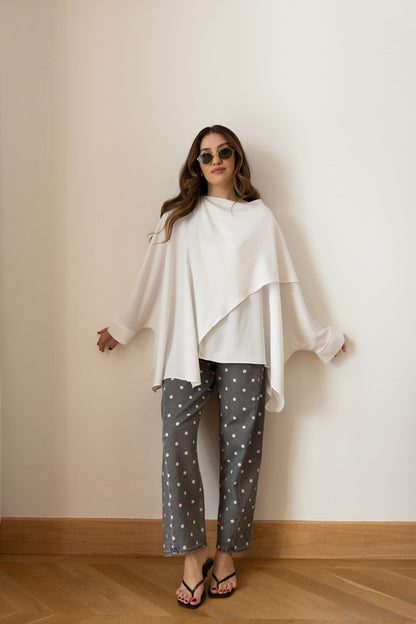 White Asymmetrical Satin Blouse with Neckline Detail