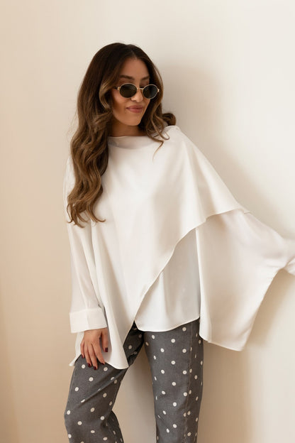 White Asymmetrical Satin Blouse with Neckline Detail