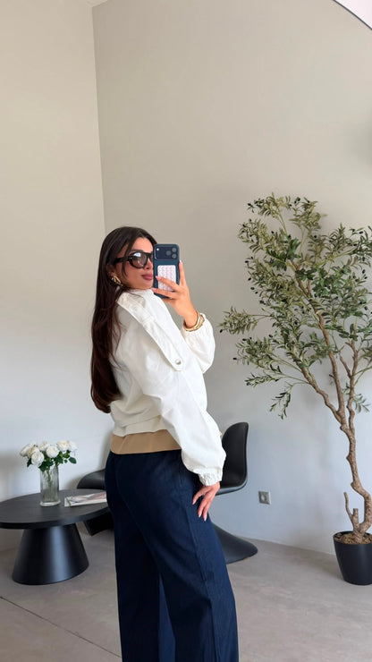 White High-Neck Jacket with Gathered Waist