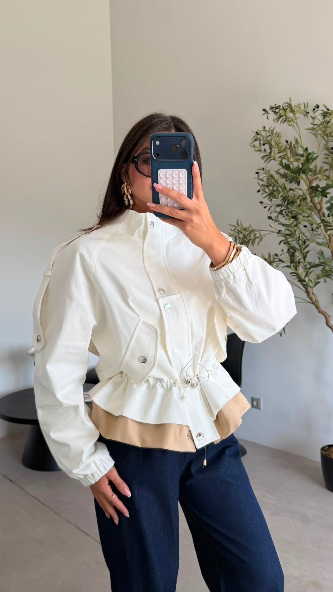 White High-Neck Jacket with Gathered Waist