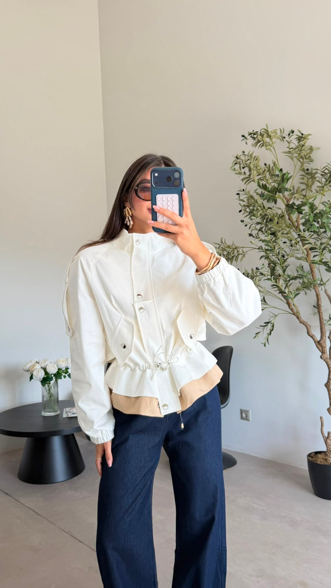 White High-Neck Jacket with Gathered Waist