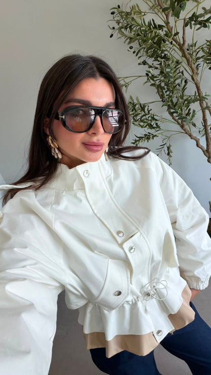 White High-Neck Jacket with Gathered Waist