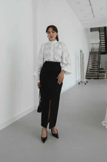 Ballon sleeves Stand Collar Premium Cotton Shirt with 3D Floral Embroidery