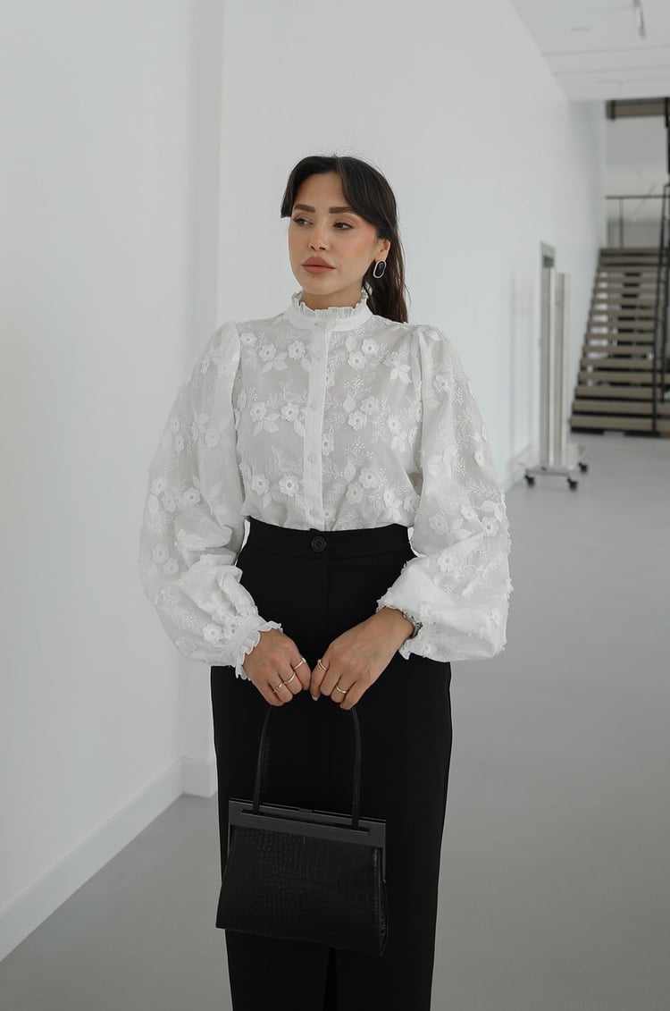 Ballon sleeves Stand Collar Premium Cotton Shirt with 3D Floral Embroidery