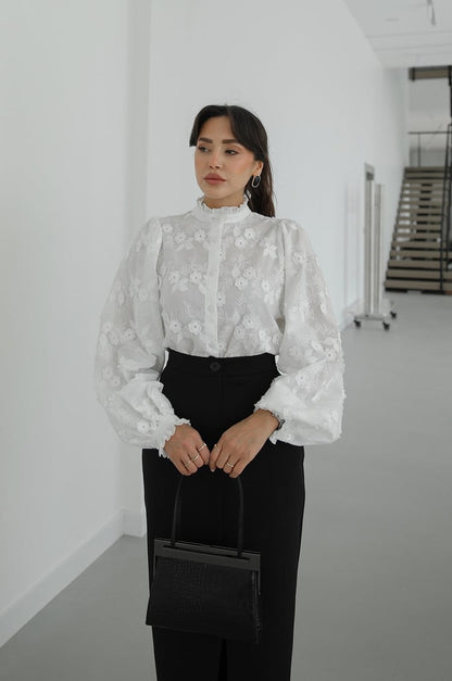 Ballon sleeves Stand Collar Premium Cotton Shirt with 3D Floral Embroidery