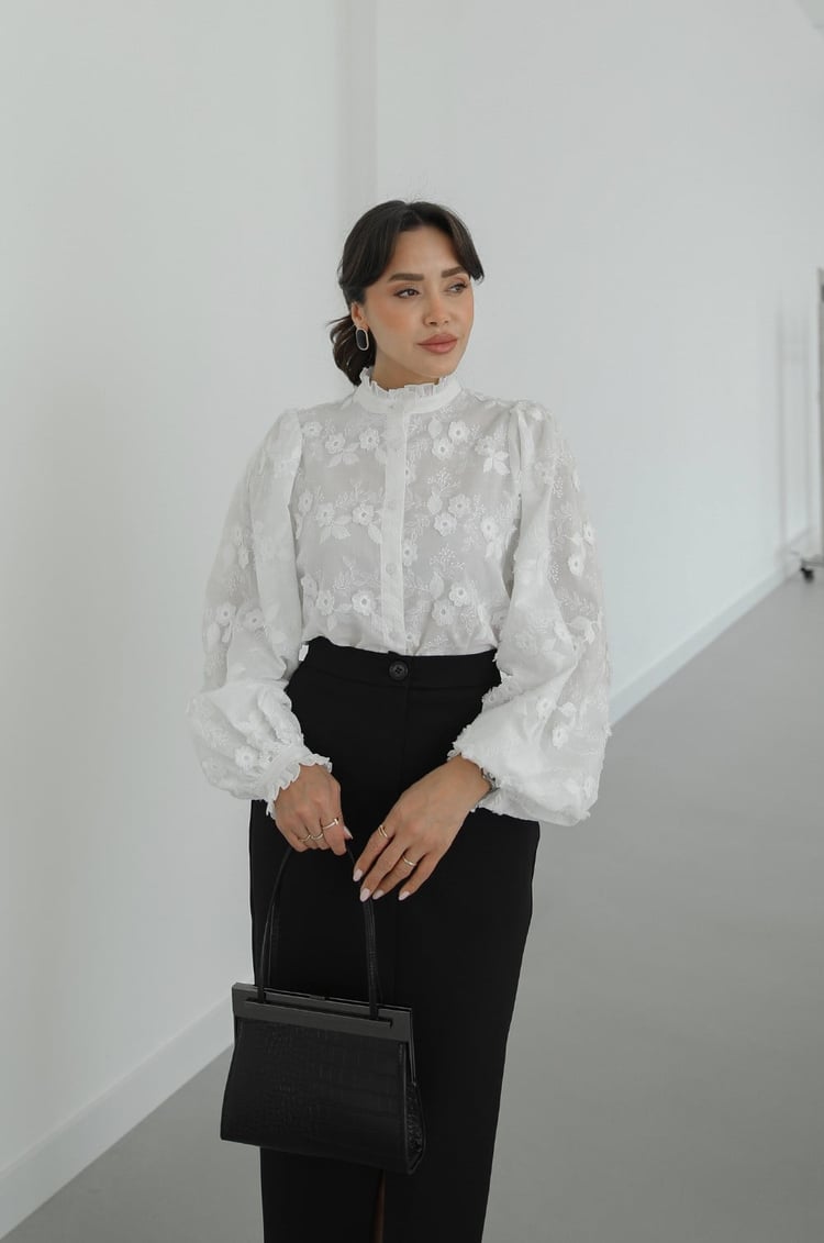 Ballon sleeves Stand Collar Premium Cotton Shirt with 3D Floral Embroidery