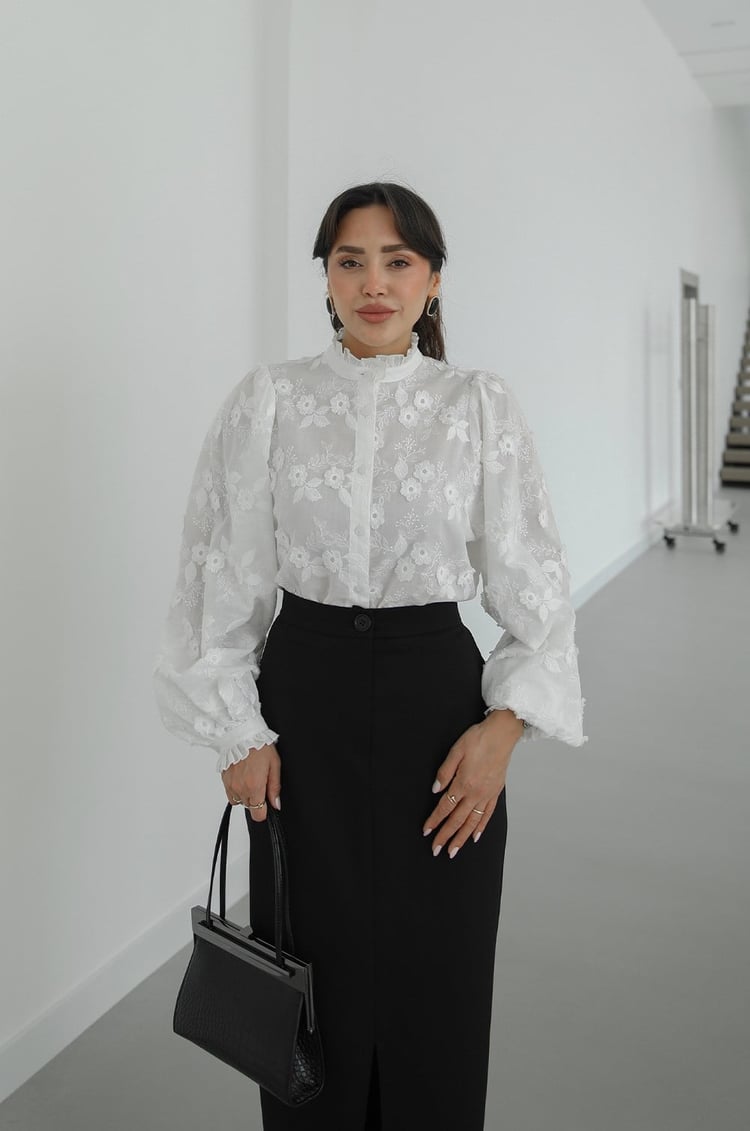 Ballon sleeves Stand Collar Premium Cotton Shirt with 3D Floral Embroidery