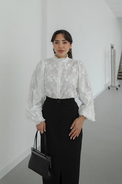 Ballon sleeves Stand Collar Premium Cotton Shirt with 3D Floral Embroidery