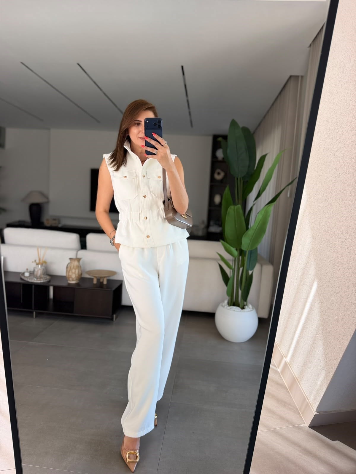 Stand-Up Collar Elastic Waist sleeveless Set - white