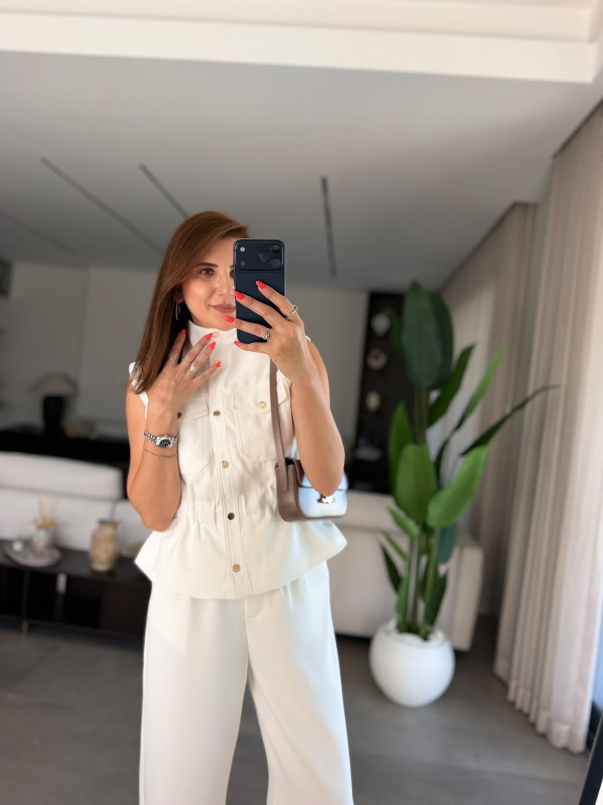 Stand-Up Collar Elastic Waist sleeveless Set - white