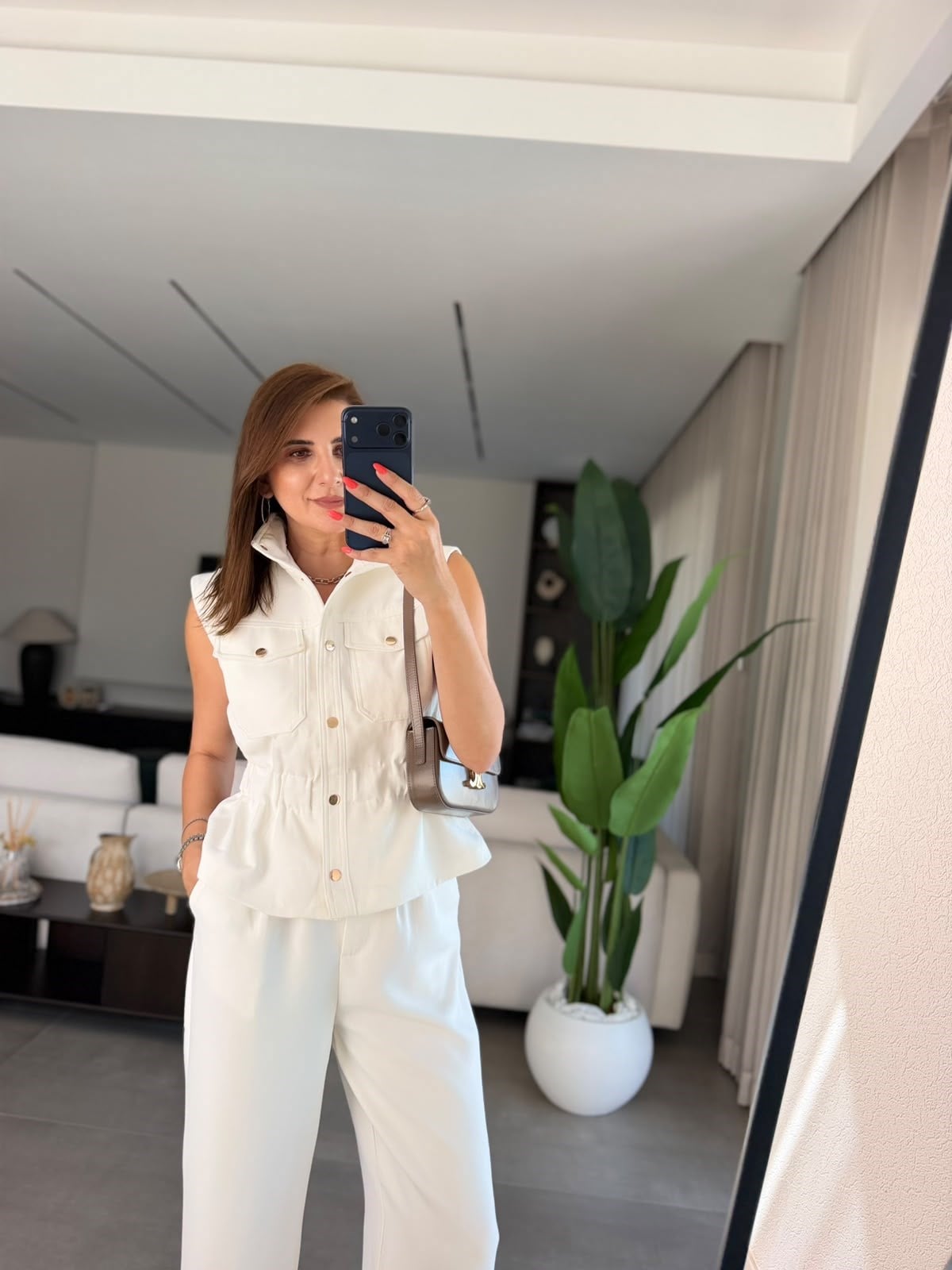 Stand-Up Collar Elastic Waist sleeveless Set - white
