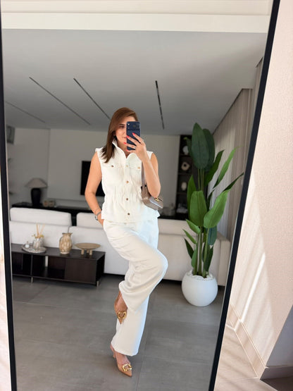 Stand-Up Collar Elastic Waist sleeveless Set - white