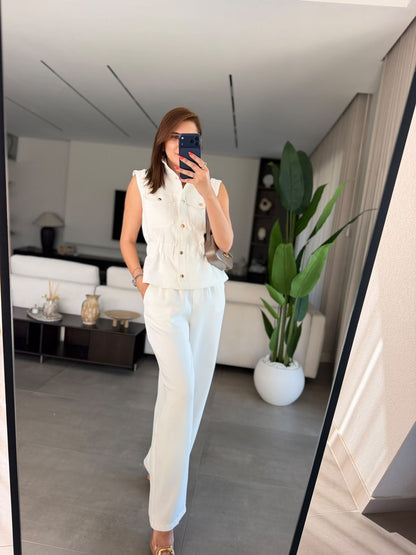 Stand-Up Collar Elastic Waist sleeveless Set - white