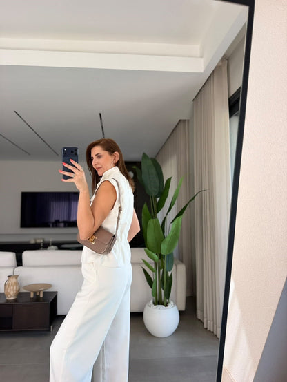 Stand-Up Collar Elastic Waist sleeveless Set - white