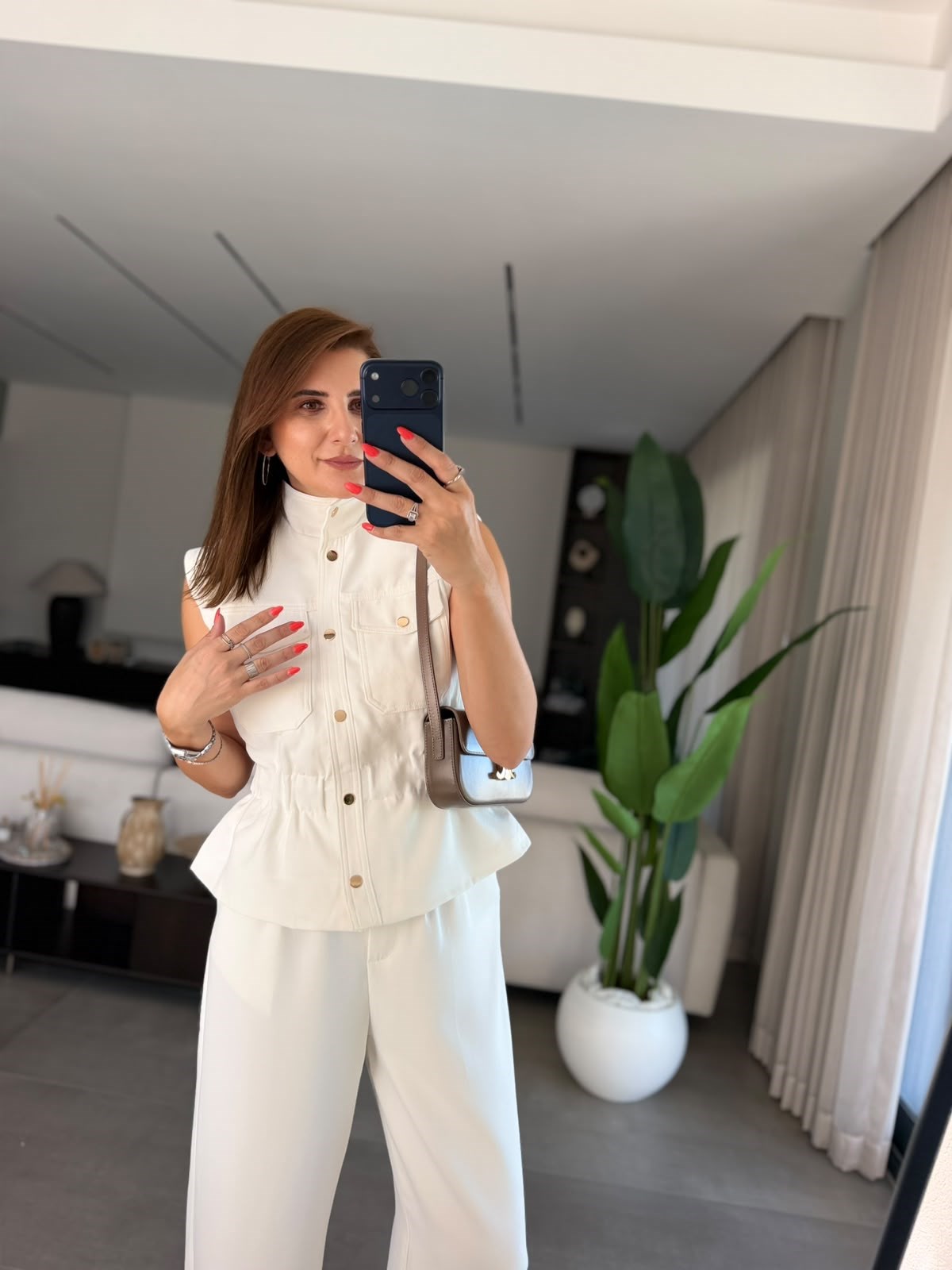 Stand-Up Collar Elastic Waist sleeveless Set - white
