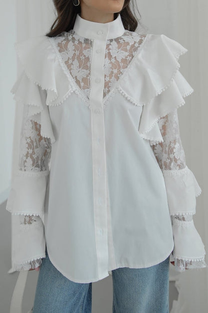 White Ruffled Shirt with Lace Details