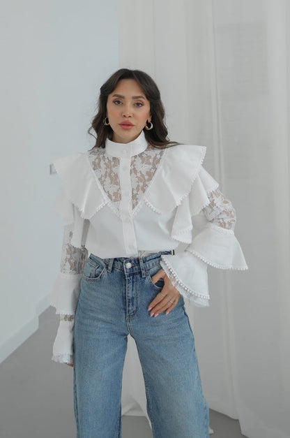 White Ruffled Shirt with Lace Details