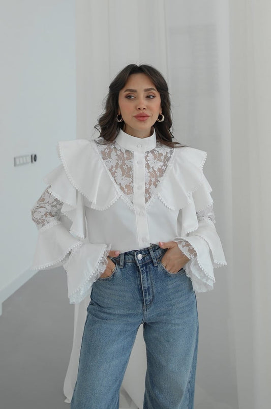 White Ruffled Shirt with Lace Details