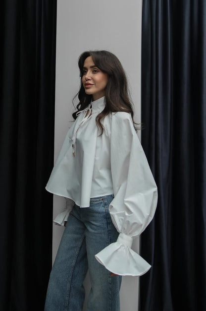 White Shirt with Tie Collar Detail