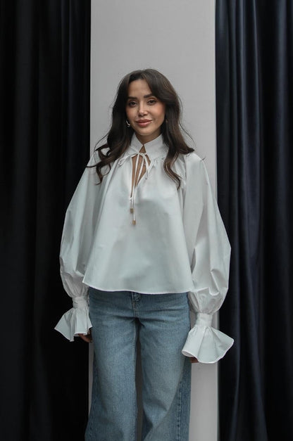 White Shirt with Tie Collar Detail