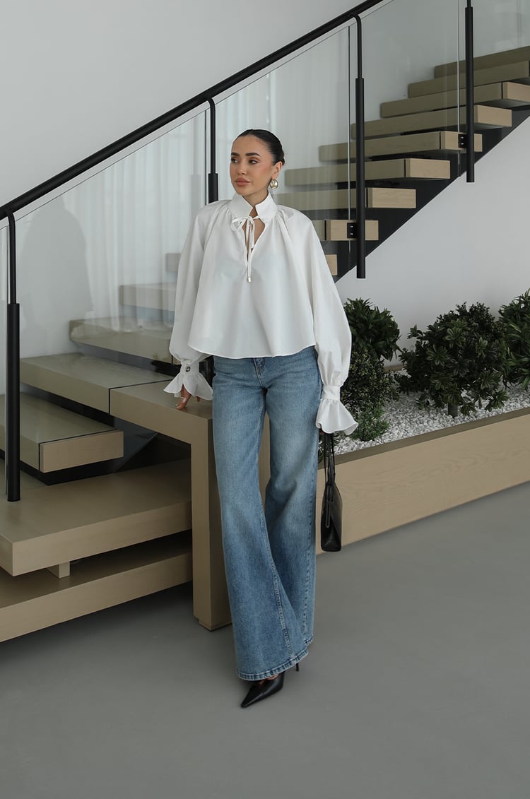 White Shirt with Tie Collar Detail