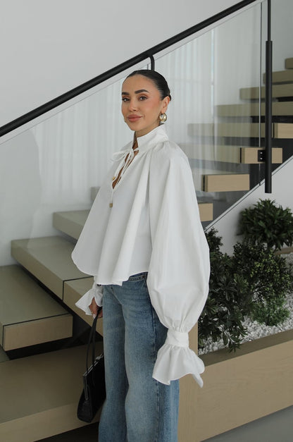 White Shirt with Tie Collar Detail