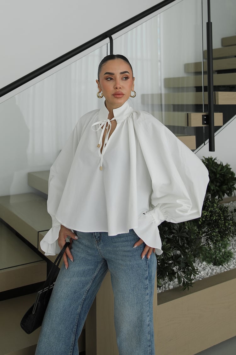White Shirt with Tie Collar Detail