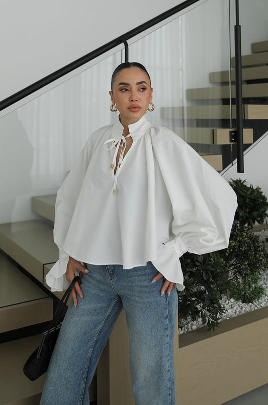 White Shirt with Tie Collar Detail