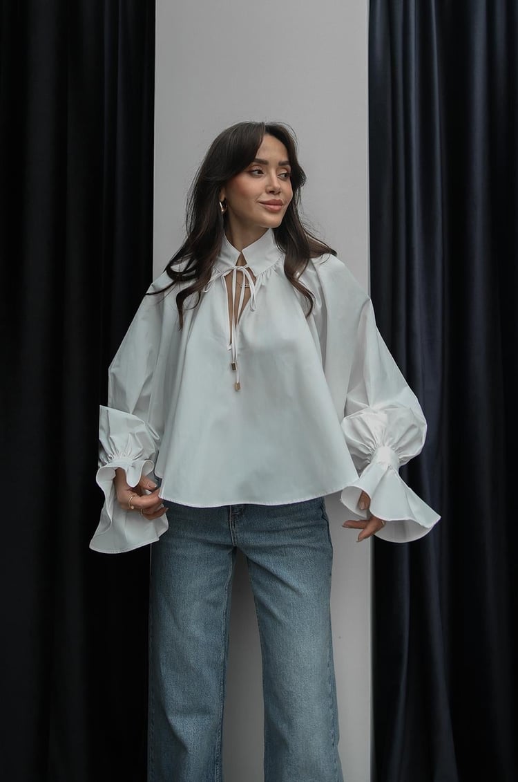 White Shirt with Tie Collar Detail