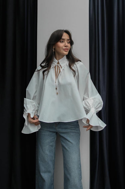 White Shirt with Tie Collar Detail