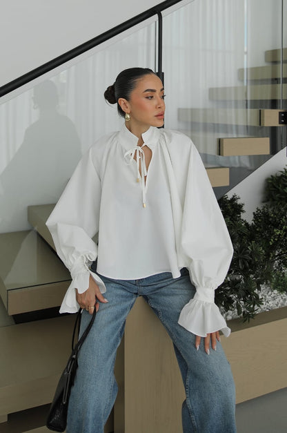 White Shirt with Tie Collar Detail