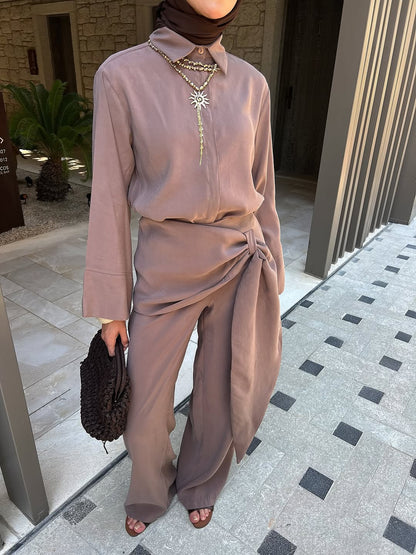 wide sleeve shirt, trouser with tied detail co-ord set