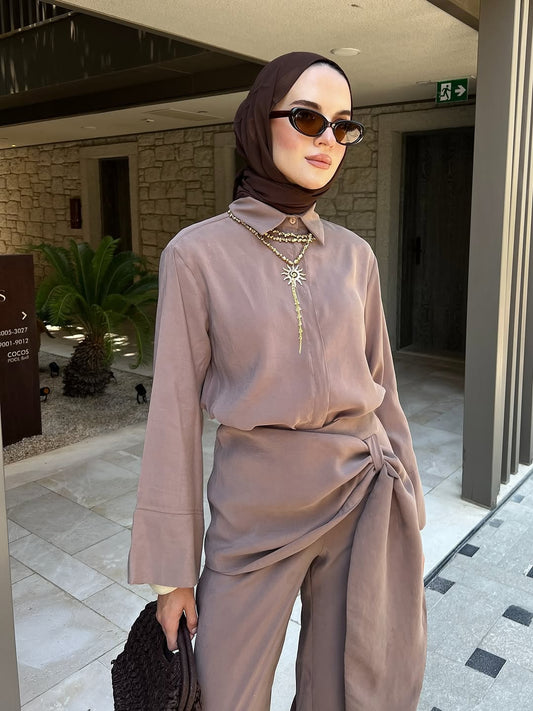 wide sleeve shirt, trouser with tied detail co-ord set