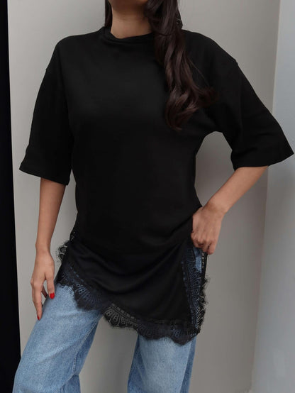 Crew Neck T-shirt with Lace Detail - black