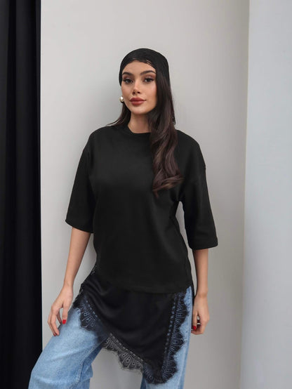 Crew Neck T-shirt with Lace Detail - black