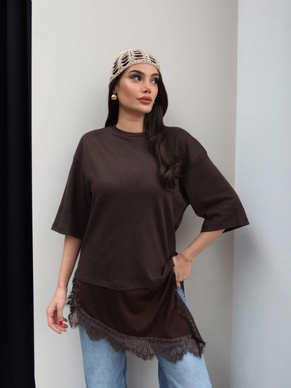 Crew Neck T-shirt with Lace Detail