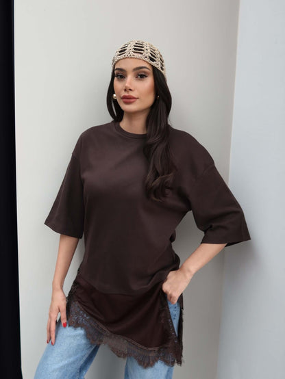 Crew Neck T-shirt with Lace Detail